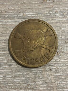 Vintage 1990s Metal POG Slammer Poison Skull Crossbones Yin Yang Brass